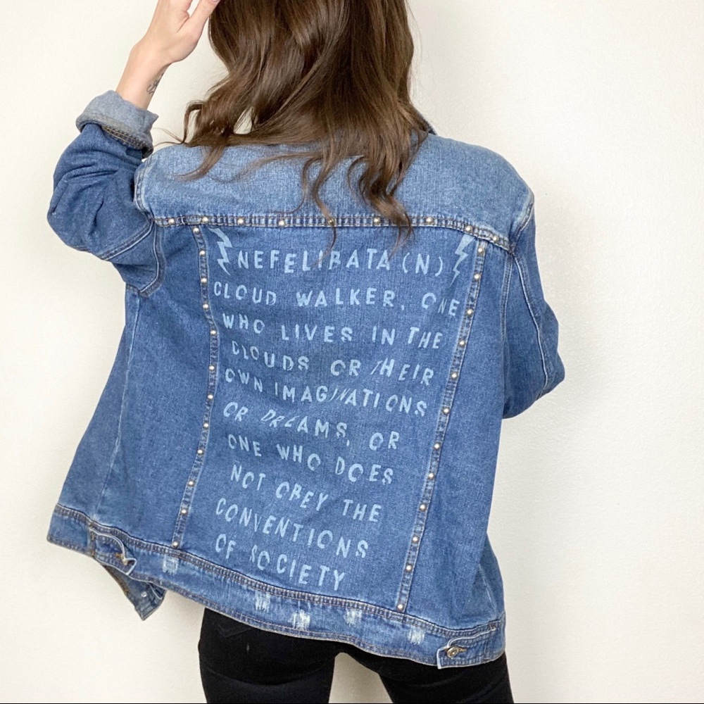 Oversized embroidered screen print denim jacket
